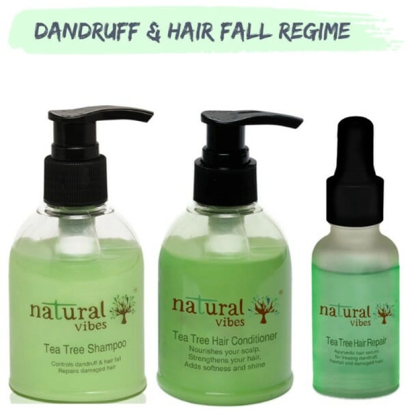 natural vibes ayurvedic tea tree hairfall dandruff regime with hair serum 30 ml shampoo 150 ml conditioner 150 ml 2