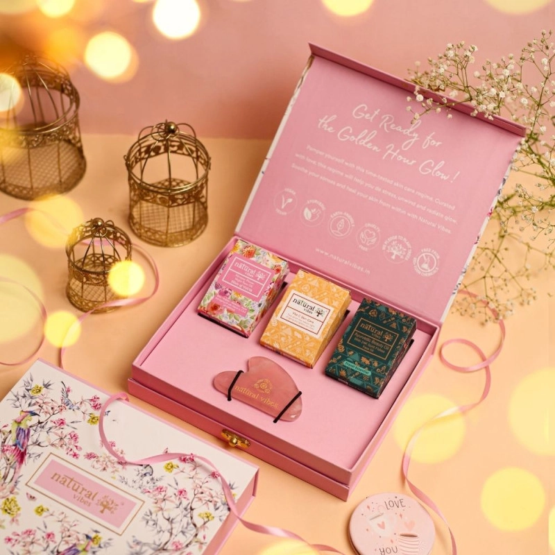 natural vibes glow getter gift set with rose quartz gua sha vitamin c serum nirvana flower oil and gold beauty elixir oil 2