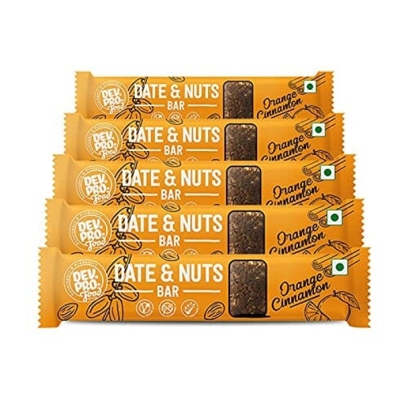 dev pro date and nuts bars healthy snacks with protein high fiber gluten free and vegan orange cinnamon 30g bars pack of 5