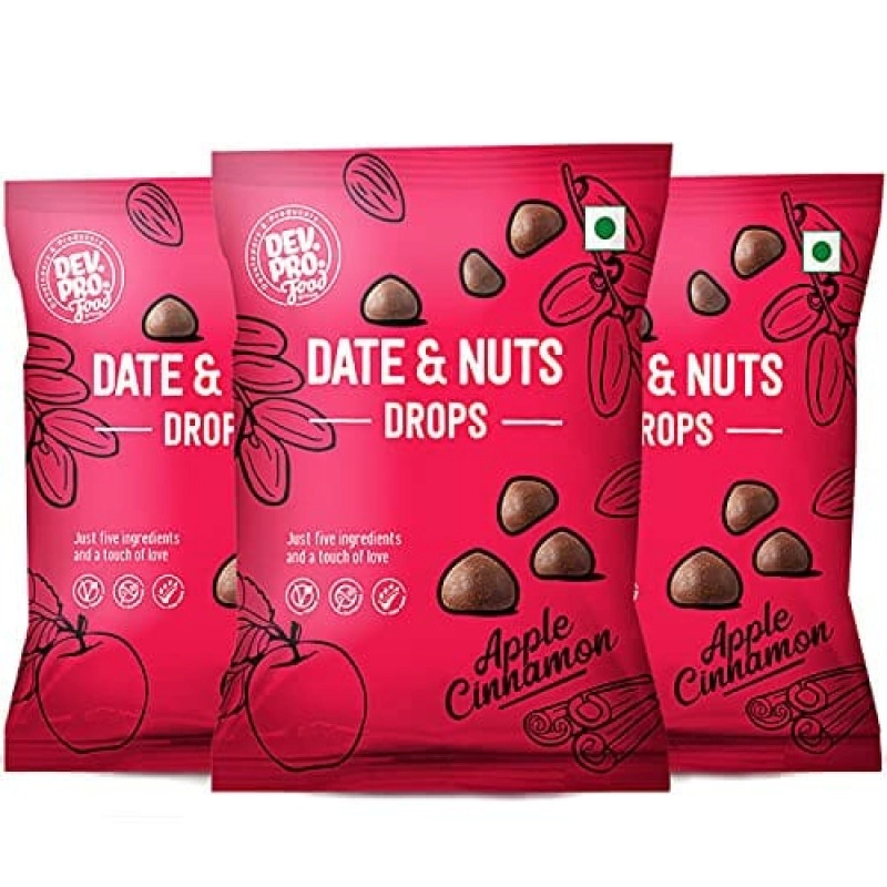 dev pro date and nuts drops healthy snack with high fiber gluten free vegan apple cinnamon 40g pack of 3