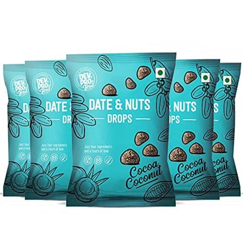 dev pro food group date and nuts drops healthy snack with high fiber gluten free vegan cocoa coconut 40g pack of 5