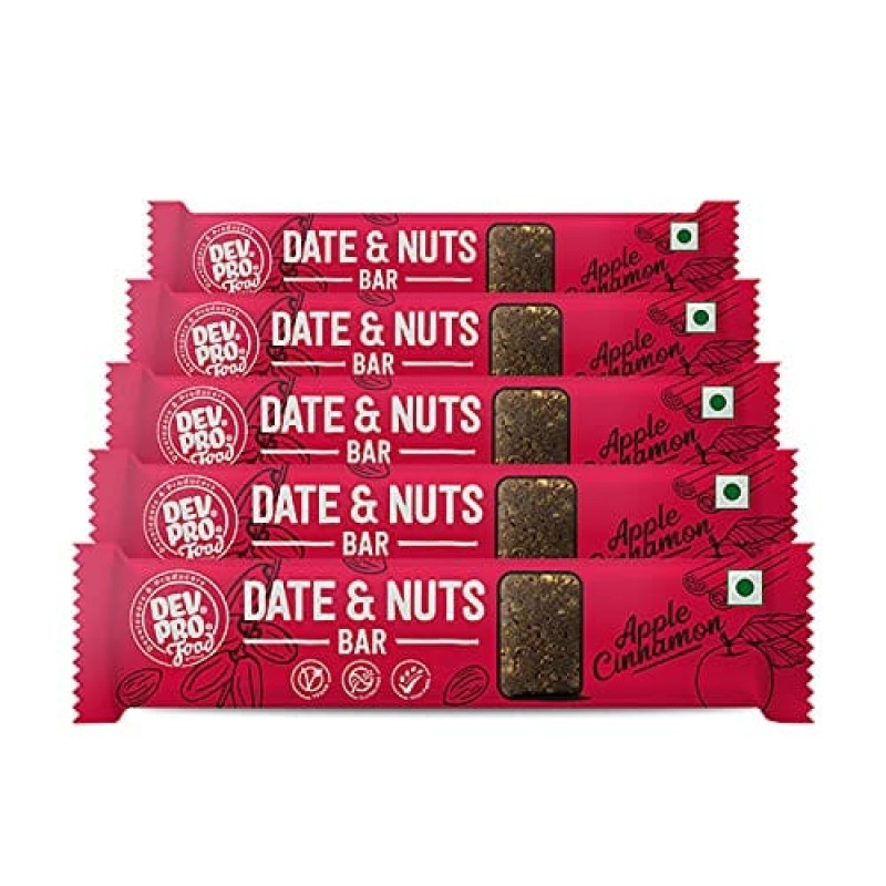 dev pro date and nuts bars healthy snacks with protein high fiber gluten free and vegan apple cinnamon 30g bars pack of 5