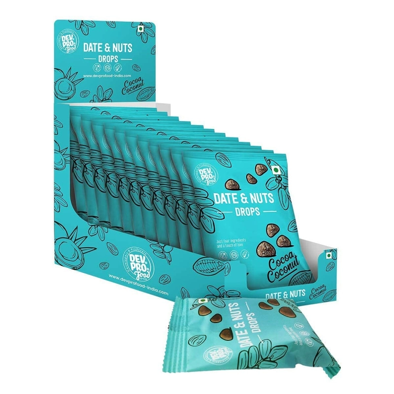 dev pro food group date and nuts drops healthy snack with high fiber gluten free vegan cocoa coconut 40g pack of 12