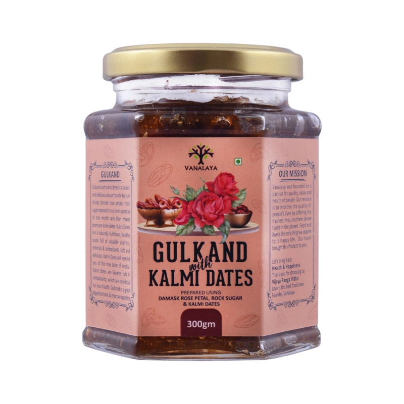 vanalaya natural gulkand with kalmi dates prepared using sun cooked damask rose along with kalmi dates 300gm