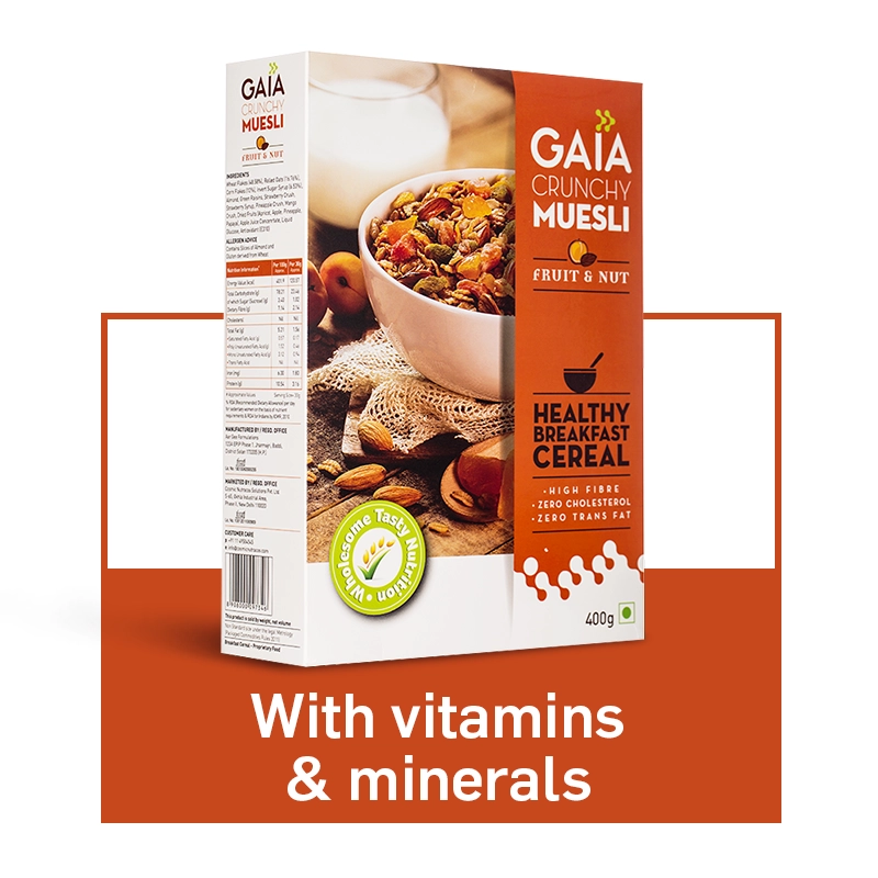 gaia crunchy muesli fruit and nut 400 gm