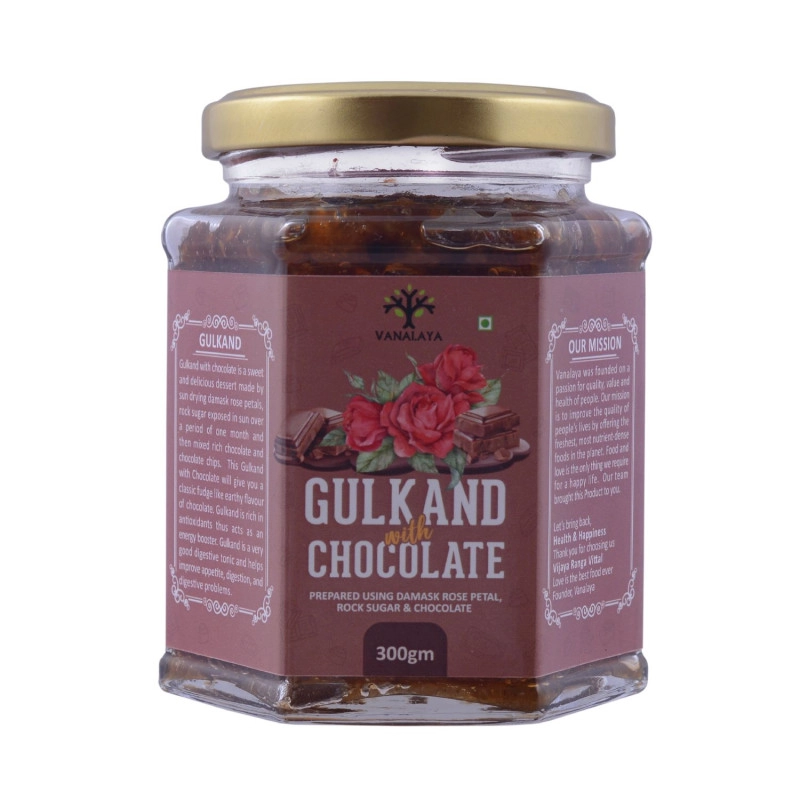 vanalaya natural gulkand with chocolate prepared using sun cooked damask rose along with chocolate 300gm
