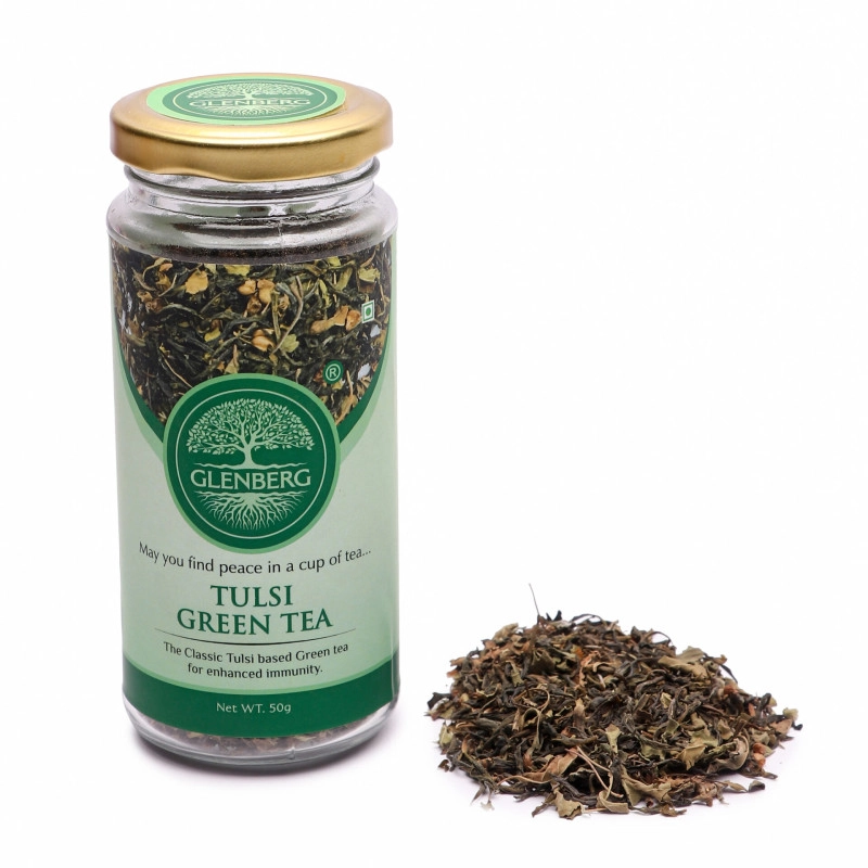 glenberg tulsi green tea blend of green tea with tulsi strengthens immunity system 50 gm 25 75 cups if reused