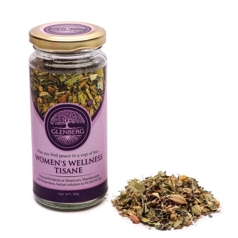 glenberg womans wellness tisane womens pcod pcos relief tea caffeine free tea with chamomile helps in acne hair fall reduce stress free premium wooden spoon 50 gm 25 cup