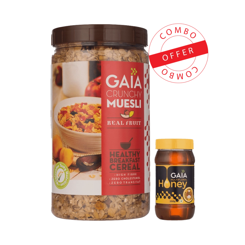 gaia crunchy muesli real fruit 1kg gaia multifloral honey 250gm