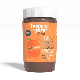 happy jars orange almond high protein chocolate spread for kids