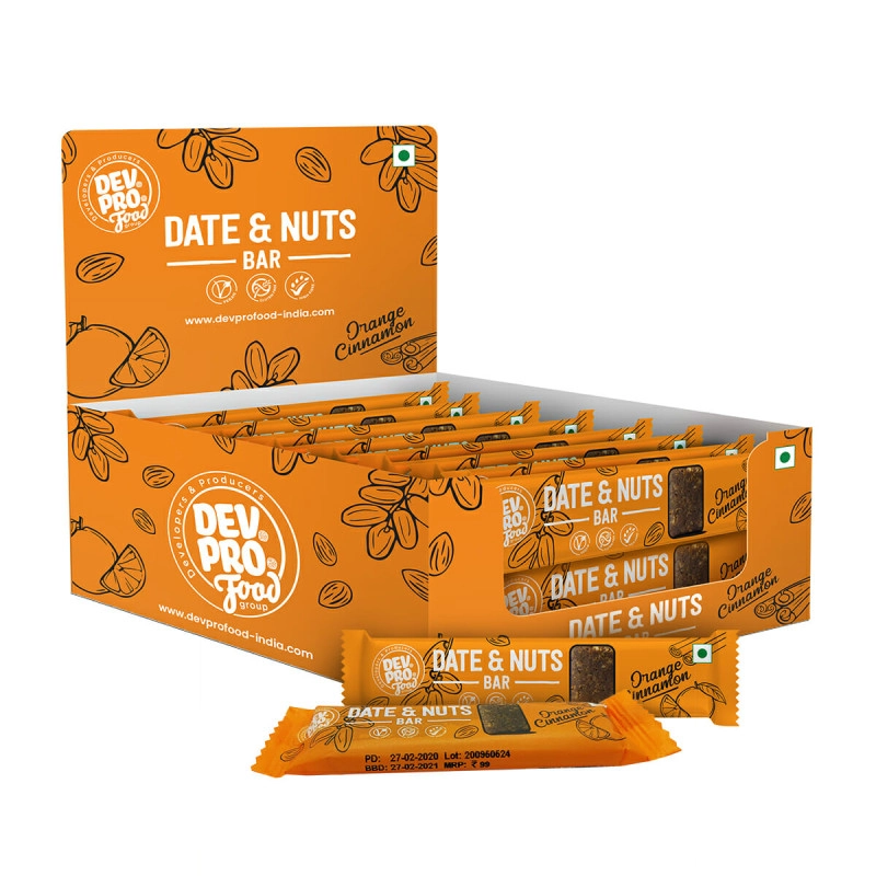 dev pro date and nuts bars healthy snacks with protein high fiber gluten free and vegan orange cinnamon 30g bars pack of 16