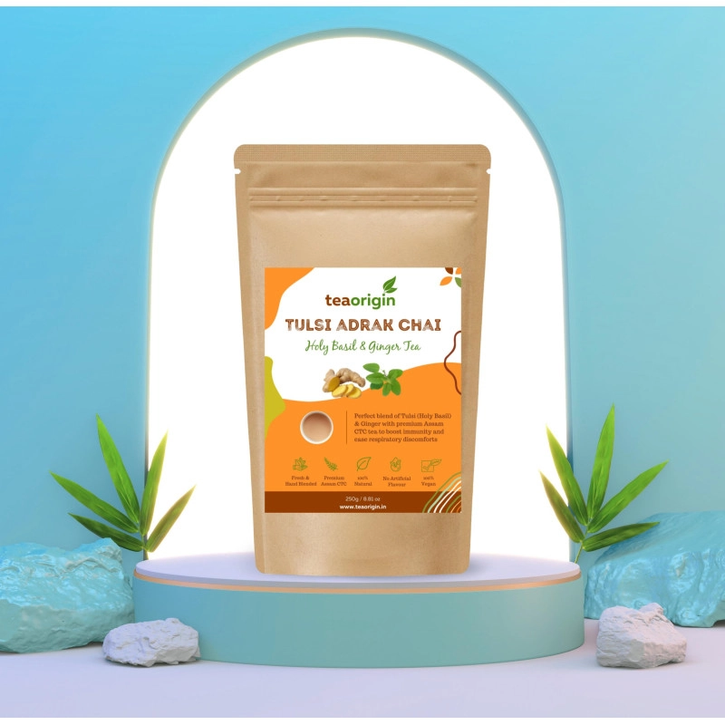 tea origin tulsi adrak chai all 100 natural ingredients premium assam ctc tea tulsi ginger rich in antioxidants promotes immunity 250 gms pack serves 125 cups