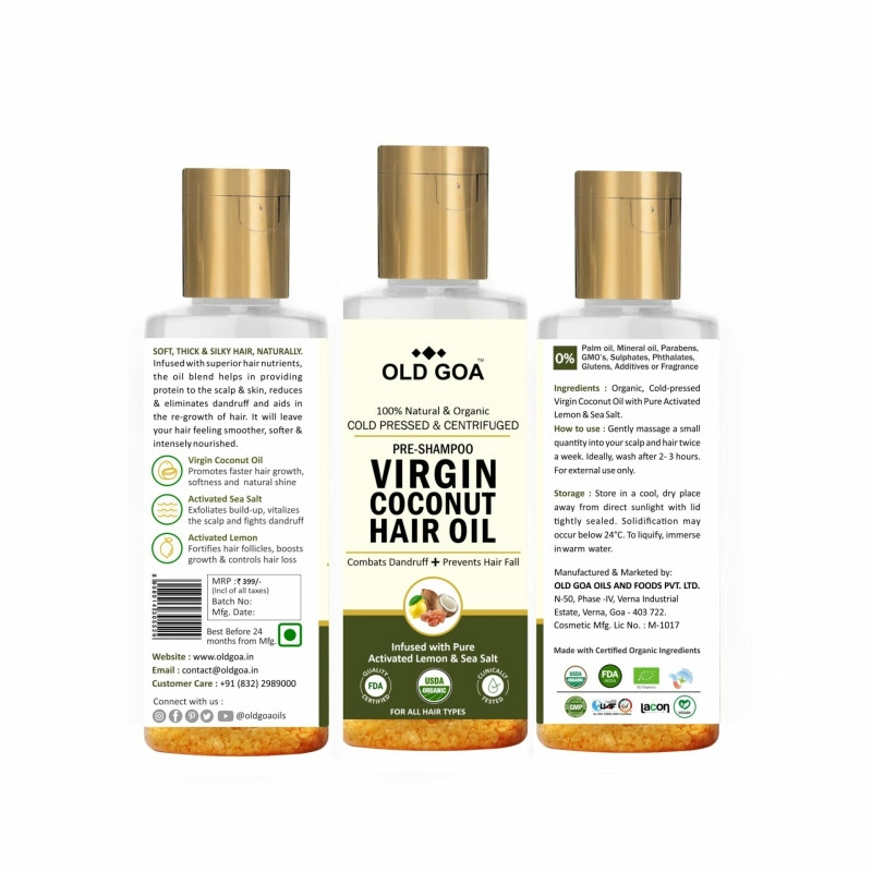 old goa hair oil pre shampoo cold pressed virgin coconut oil infused with pure activated lemon sea salt combats dandruff prevents hair fall 200 ml