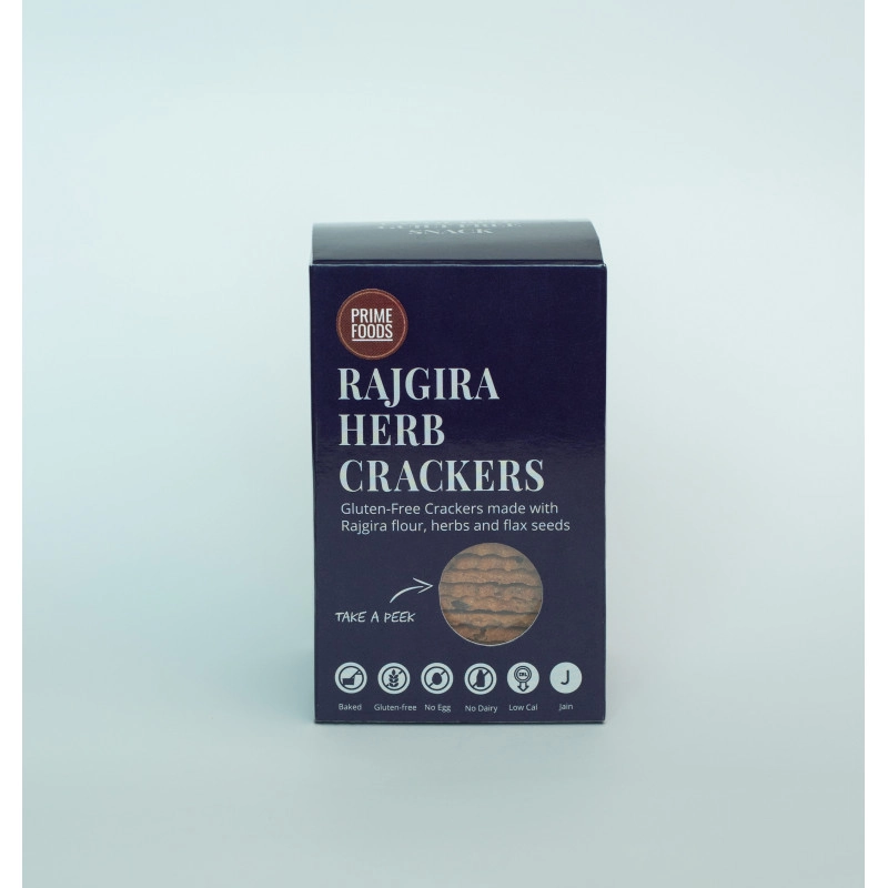 prime foods rajgira herb crackers with dates and flax seeds baked jain vegan gluten free snack rich in calcium and proteins healthy cracker 100 grams each pack of 4